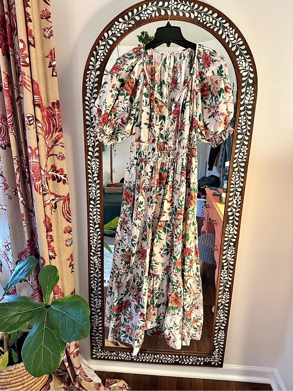 Anthropologie By Anthropologie Puff-Sleeve Smocked Midi Dress Floral Cream &amp
